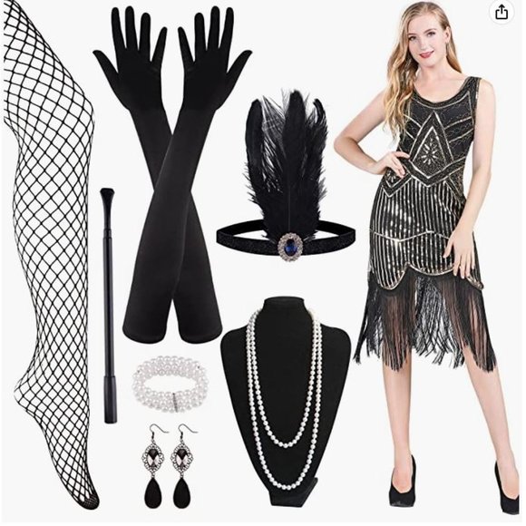 1920s V Neck Sequin Beaded Fringed Dress with 20s Accessories Set - Picture 6 of 7